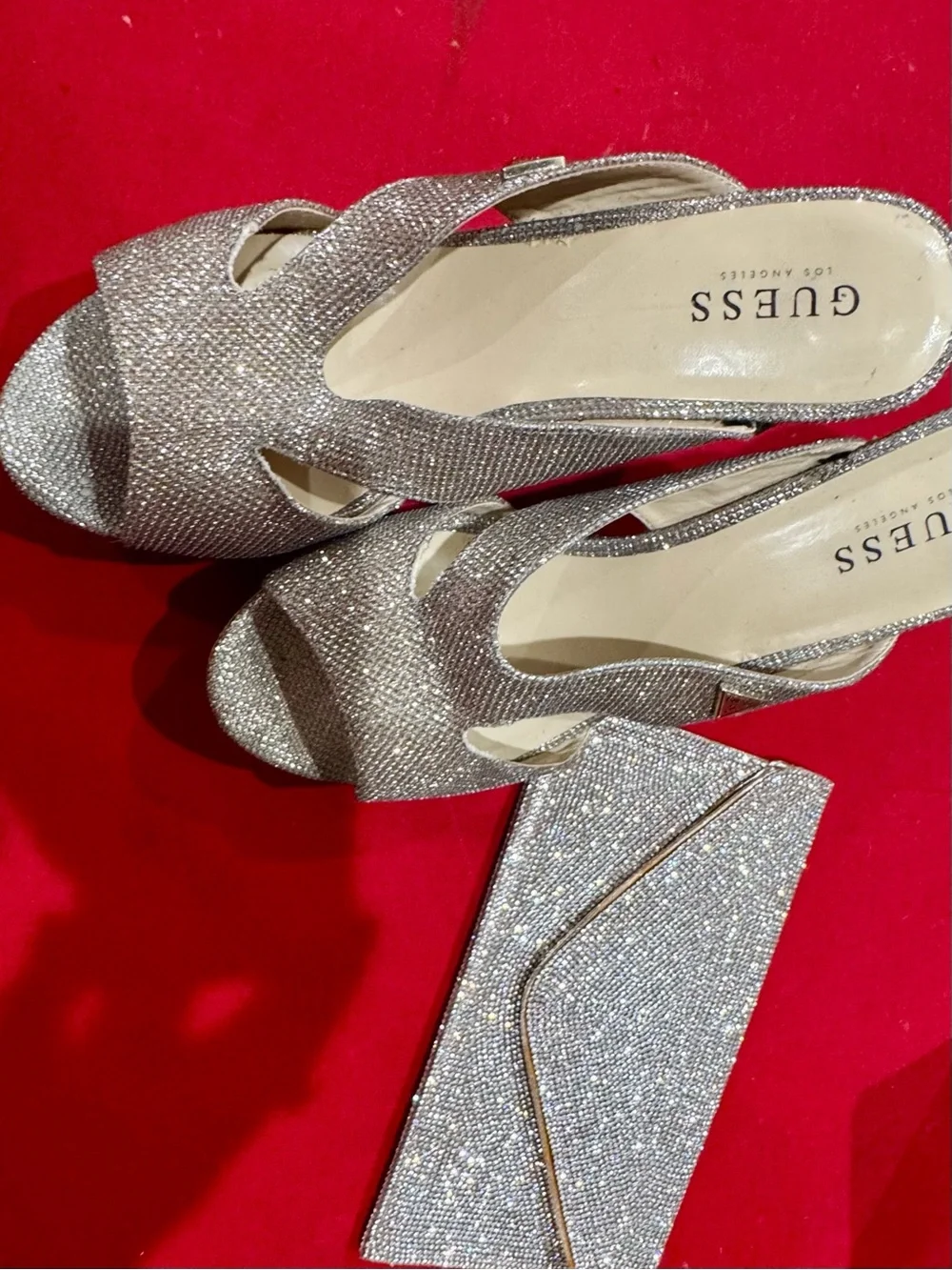 GUESS Silver Glitter Slingback Mules with Matching Clutch